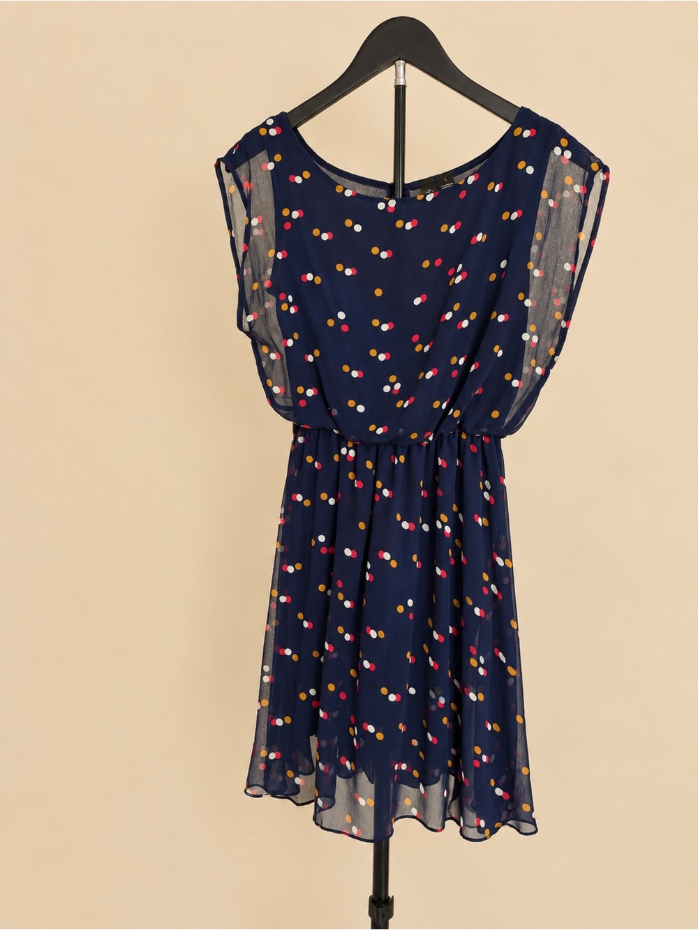 Fun & Flirt Navy Chiffon Mini Dress with Multicolor Dot Print